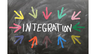 Tableau noir sur lequel est écrit à la craie blanche le mot ''INTEGRATION'' en majuscules, et entouré de 12 flèches de couleurs différentes pointant vers ce même mot